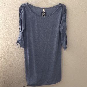 Large heathered blue dress with lace up sleeves